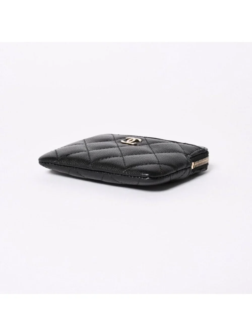 Chanel Classic Zip Coin Purse Stand CC Logo Caviar Leather Black Gold